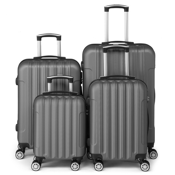 FCH Four-Piece Set Vertical Stripe ABS Luggage 16in, 20in, 24in, 28in with ABS Material and Steel Telescopic Handle in Classic Dark Grey