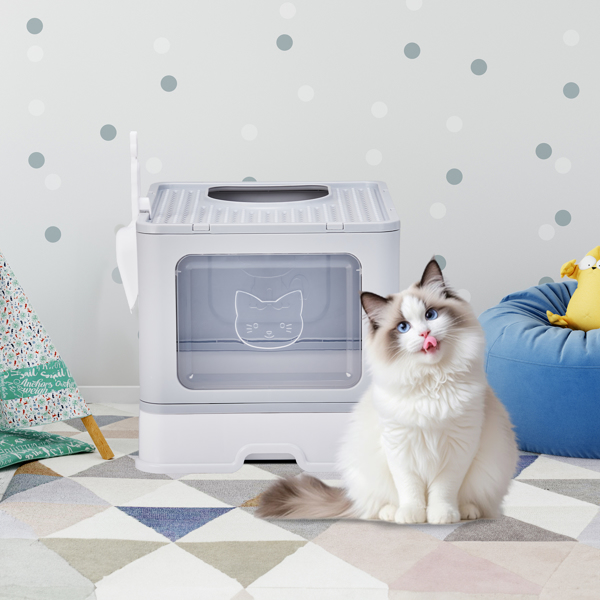Large Enclosed Cat Litter Box with Lid Cover, Detachable Cat Toilet with Litter Scoop & Slide Out Tray, Front Entry Top Exit Door, Easy to Clean, Gray