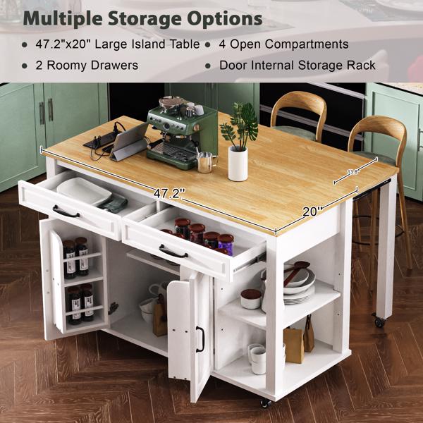 47 inch Kitchen Island with Extendable Dining Table, Rubber Wood Veneer Kitchen Table with Internal Storage Rack, Power Outlet, Kitchen island with Storage 2 Drawers 2 Cabinet,White