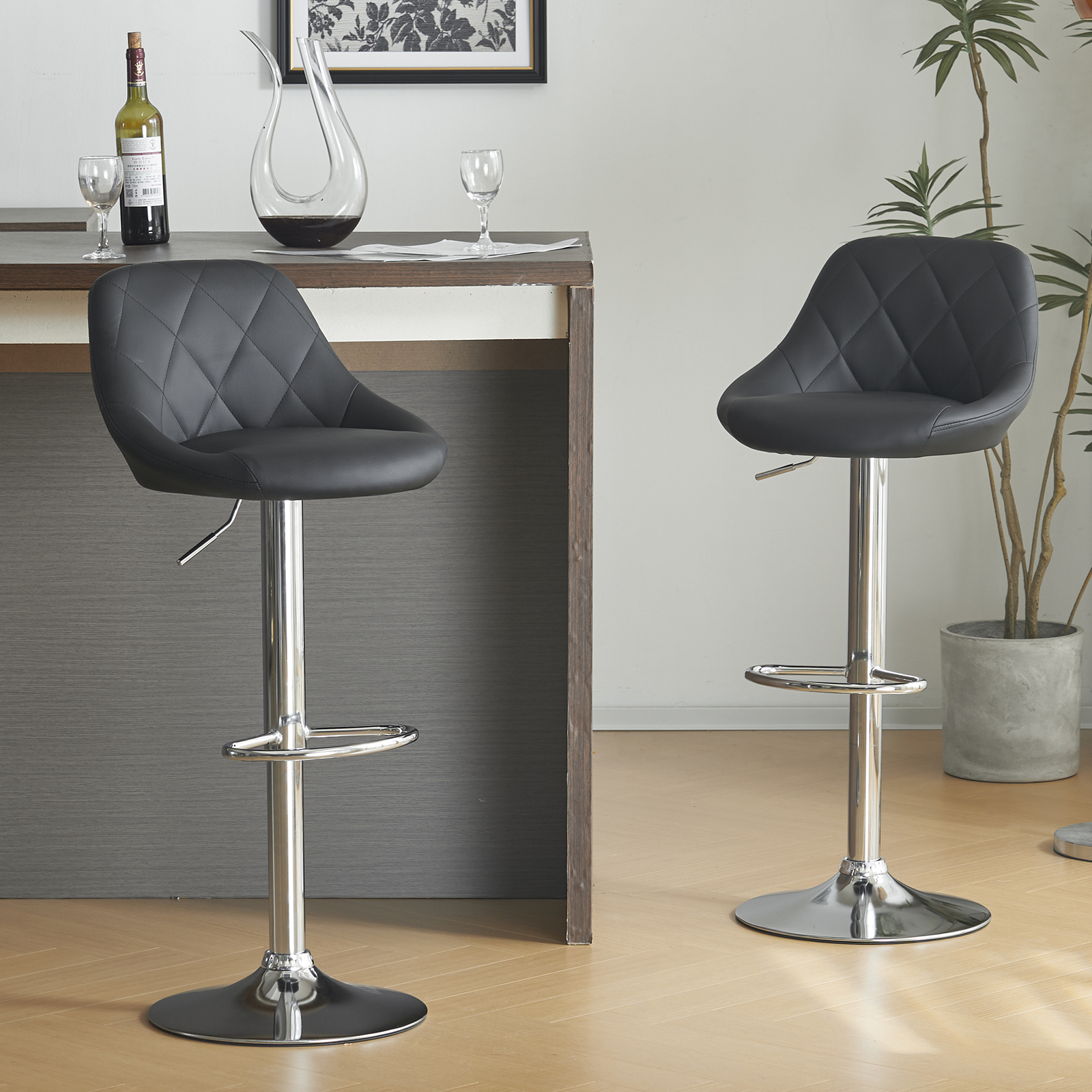 Set Of 2 Pu Leather Swivel Bar Stools With Backrest For Kitchen_voghion.com