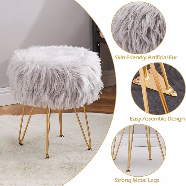 Faux Fur Storage Ottoman Round Furry Vanity Stool Marble Grain Tray Coffee Table Compact Footrest Stool with 4 Metal Legs Soft Makeup Seat Foot Stools for Living Room Bedroom Entryway Grey