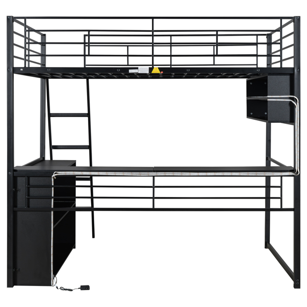 Full Size Metal Loft Bed with LED, Desk and 4 Storage Shelves, Black