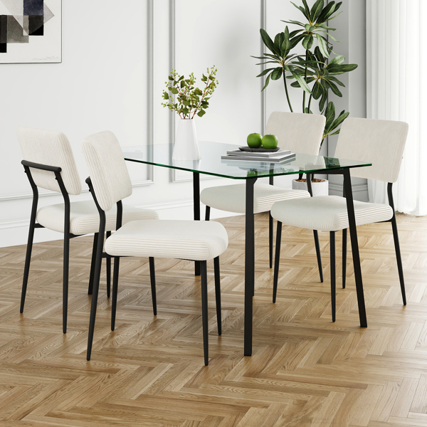 Modern simple table with a glass square table and four chairs. Transparent tempered glass countertop, black metal legs, suitable for kitchen living room dining room (set of 5)