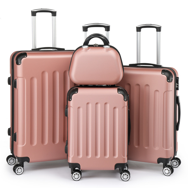 FCH Corner-Protected Four-Piece Set ABS Luggage 20in, 24in, 28in + 12in Handbag with ABS Material and Steel Telescopic Handle in Trendy Rose Gold