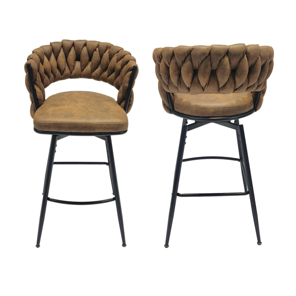 28" Technical Leather Woven Bar Stool Set of 2,Black legs Barstools No Adjustable Kitchen Island Chairs,360 Swivel Bar Stools Upholstered Bar Chair Counter Stool Arm Chairs with Back Footrest (Brown) 