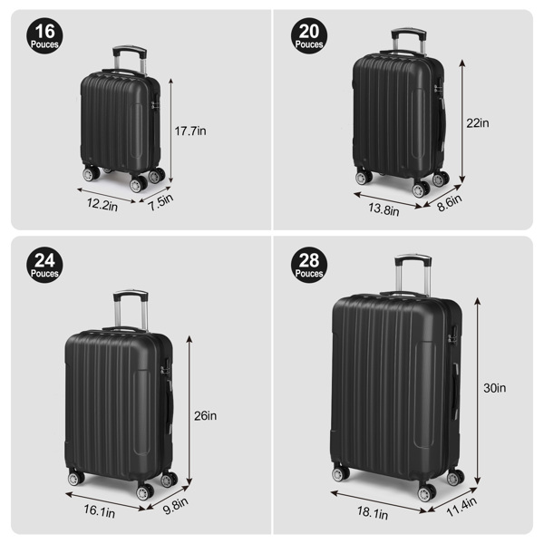 FCH Four-Piece Set Vertical Stripe ABS Luggage 16in, 20in, 24in, 28in with ABS Material and Steel Telescopic Handle in Classic Black