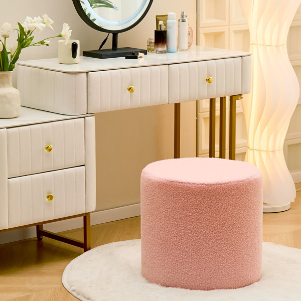 Round Teddy Fleece Ottoman with Soft Padded Seat, Multi-Functional Footrest, Vanity Chairs for Makeup, Upholstered Foot Stool Extra Seating for Living Room, Bedroom(Pink, 15 * 15 * 17.7inch)