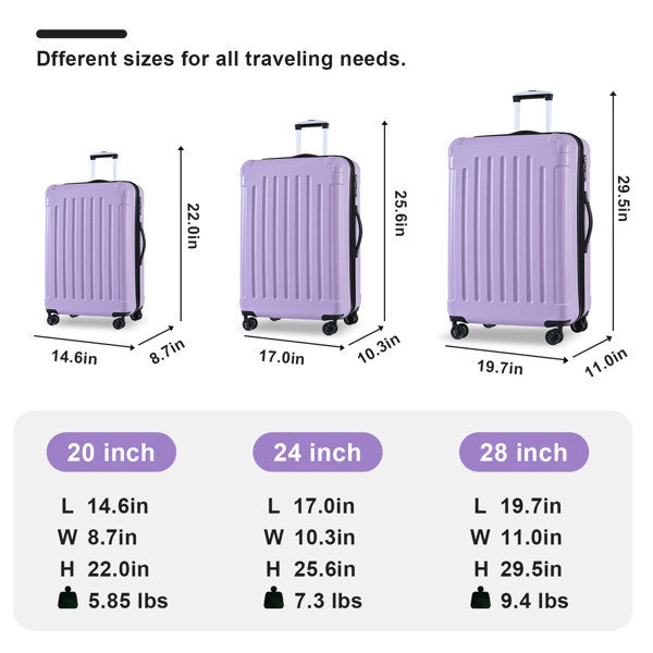 Luggage Sets ABS+PC Hardshell 3pcs Clearance Luggage Hardside Lightweight Durable Suitcase sets Spinner Wheels Suitcase with TSA Lock (20/24/28),Purple