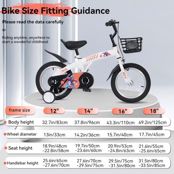 FKZNPJ 18 inch sporty kids bike with training wheels and stand Adjustable saddle Suitable for boys and girls aged 5-10 years tall Height 45-57 inches Available in a variety of colors