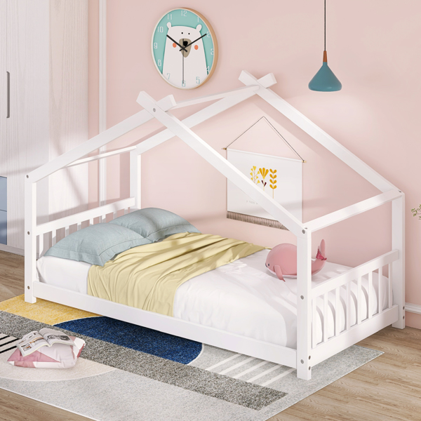 Twin Size House Bed Wood Bed, White)