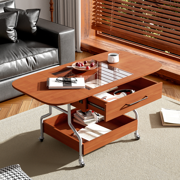 Modern Extended Coffee Table with Wheels, Folding Coffee Table with 1 drawer and 2-Tier Storage, Metal Frame Coffee Table for Living Room