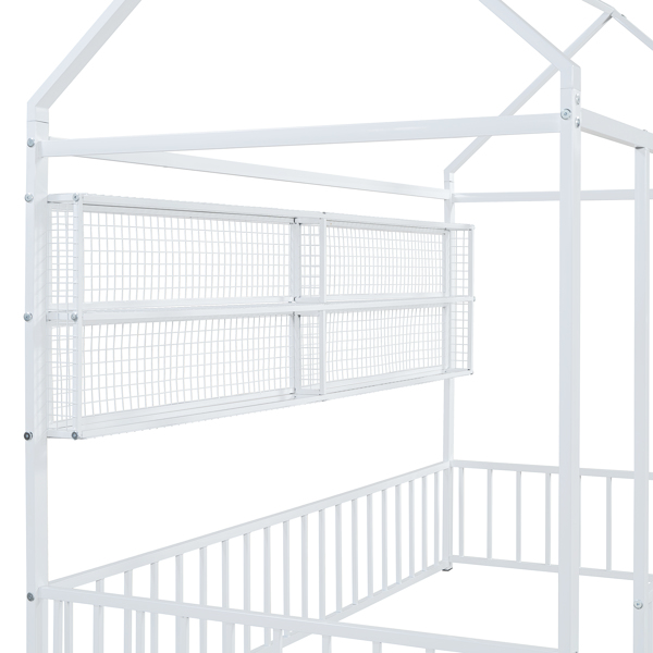 Twin Size Metal Bed House Bed Frame with Fence and Shelves, White