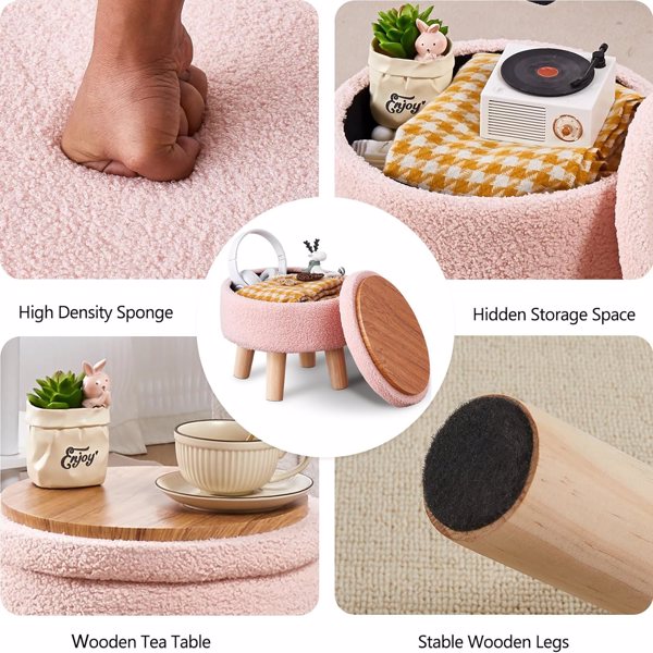 Storage Ottoman, Modern Round Footrest with Soft Padded Seat, Teddy Velvet Footstool with Wood Legs, Accent Small Table or Plant Stand for Hallway, Living Room (Pink)