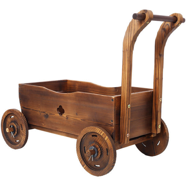 Wooden Wagon Planter Box, Mobile Garden Planter with 4 Wheels, Handle, Drain Hole, Decorative Flower Planter for Indoor & Outdoor Decor, Wooden Flower Cart for Patio, Garden, Balcony, Brown