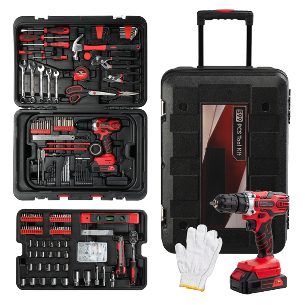 599 PCS Home Tool Set Kit, Auto Repair Tool Kit with Rolling Tool Box, Mechanic Tool Sets with 21V Max Cordless Power Drill