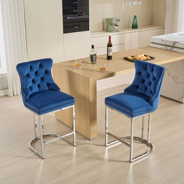 25" Counter Height Bar Stools Set of 2, Modern Velvet Barstools with Button Back&Rivet Trim Upholstered Kitchen Island Chairs with Sturdy Chromed Metal Base Legs Farmhouse Bar Stools, (Blue,2 Pack)