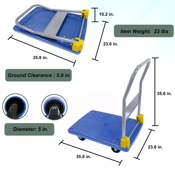 Foldable Platform Push Hand Truck Cart, 880 lbs. Weight Capacity, 2 Swivel Brake Wheels