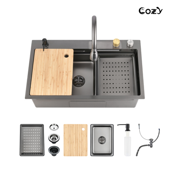 Kitchen Sink 30\\" x 22\\" Multifunctional Overmount Flying Rain Waterfall S304 Stainless Steel Handmade Modern Single Bowl Kitchen Sink Black[Unable to ship on weekends]