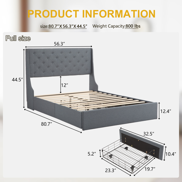 Upholstered Full Platform Storage Bed Frame with 4 Drawers, Wingback Headboard with Button Tufted Design, Wooden Slat Support, No Box Spring Needed, Dark Grey