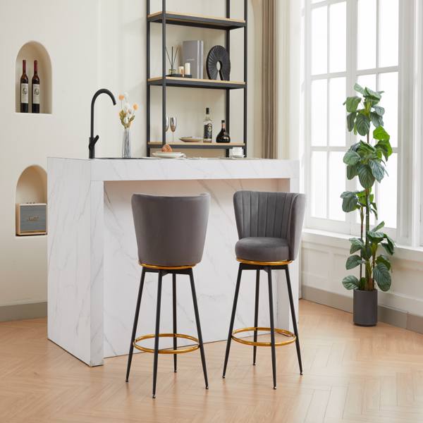 Counter Height Bar Stools Set of 2, 360° Swivel Upholstered Barstools with Backs and Metal Legs, 26" H Seat Height, Velvet Fabric,Goldy Footrest