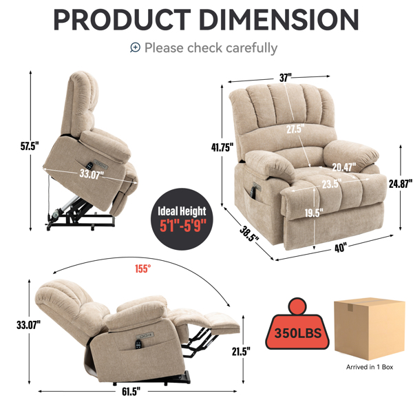 23" Seat Width and High Back Large Size Beige Chenille Power Lift Recliner Chair with 8-Point Vibration Massage and Lumbar Heating