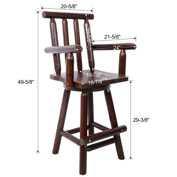 Rustic Bar Stool - Fir Wood Construction, Chair with Footrest,Wide Armrest, Rustic Kitchen Stool, Tall Bistro Chair for Dining Room, Restaurant, Pub, 4-Foot,brown color