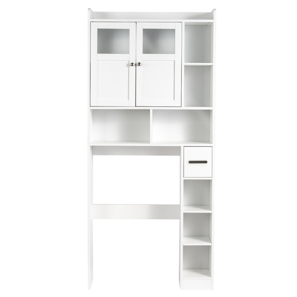 Double-Door Bathroom Cabinet with 2, Adjustable Panels, 1 Drawer and 3 Side Shelves, White 