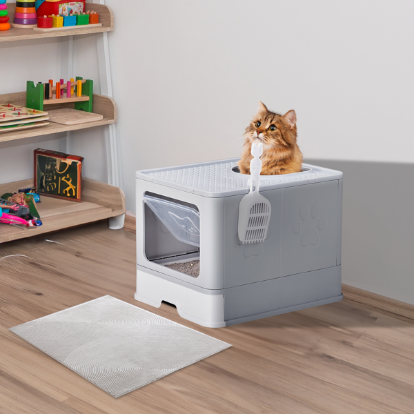 Large Enclosed Cat Litter Box with Lid Cover, Detachable Cat Toilet with Litter Scoop & Slide Out Tray, Front Entry Top Exit Door, Easy to Clean, Gray