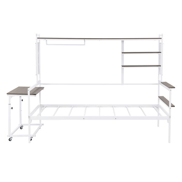 Twin size Metal Daybed with Movable Desk, Metal Grid, Shelves and Clothes Hanger, White