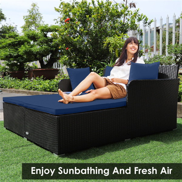 Navy Outdoor Rattan Daybed with Upholstered Cushions