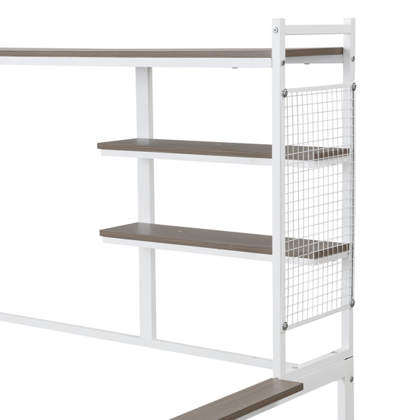 Twin size Metal Daybed with Movable Desk, Metal Grid, Shelves and Clothes Hanger, White