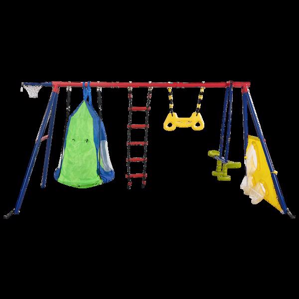 XNS092 rinbow colour interesting four function swingset with net swing and face to face metal plastic safe swing seat 550lbs for outdoor playground for age 3+