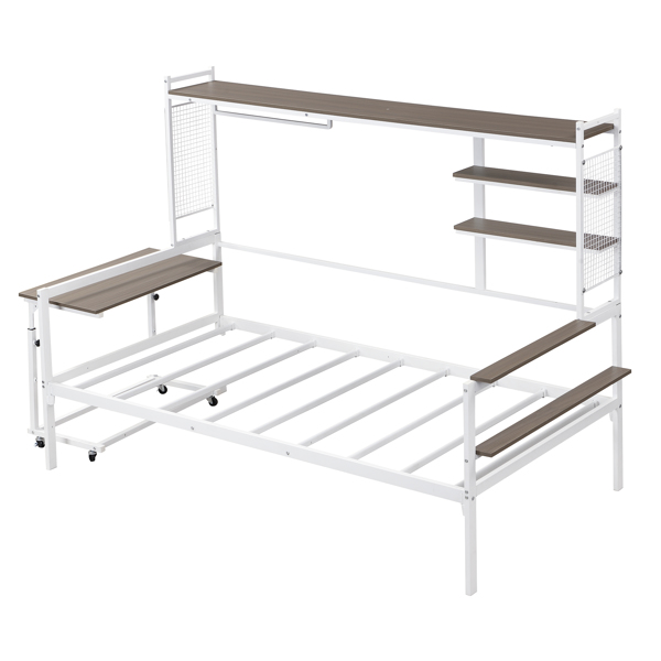 Twin size Metal Daybed with Movable Desk, Metal Grid, Shelves and Clothes Hanger, White