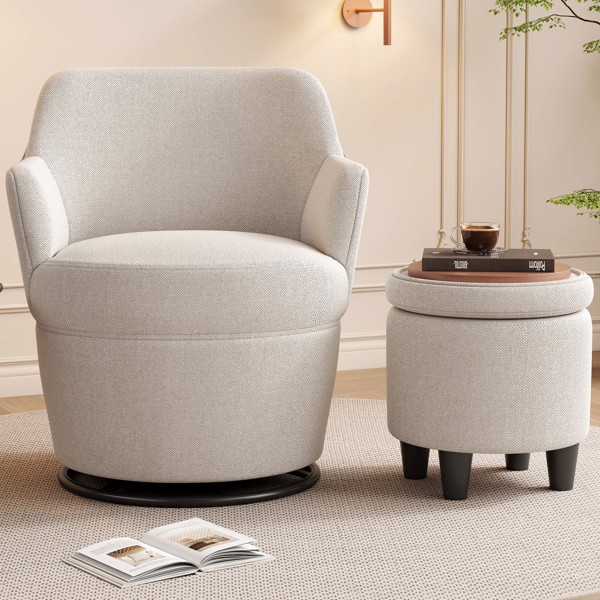 360°Swivel Accent Chair with Ottoman, Lounge Sofa with Nail Trim, Living Room Chairs, Bedroom Chair, Vanity Chair, Nursery Glider, Swivel Barrel Chair-Beige/White Accent Chair