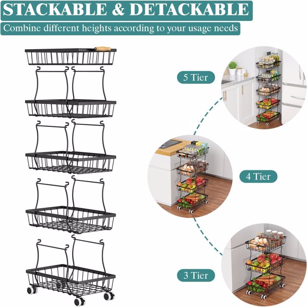 厨房用 5层细长水果篮，可堆叠的金属丝水果蔬菜储物篮 带轮子的收纳架，金属农产品篮 土豆洋葱储物箱 储藏室用架子，黑色（禁售temu，周末不发货）-5