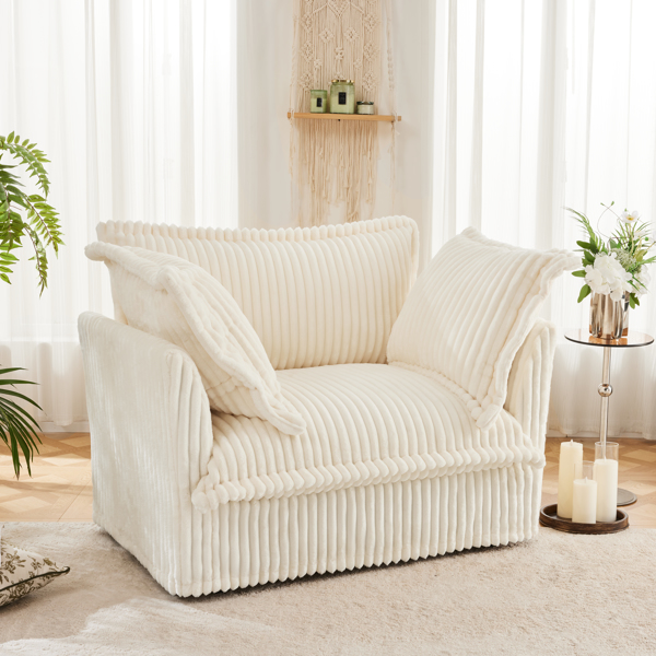 Slip-covered Armchair with 1 Big Back Cushion and 2 Big Toss Pillows, Single Deep Seat Comfy Single Couch Sofa Multiple Large Soft Pillows, Cream Corduroy Fabric