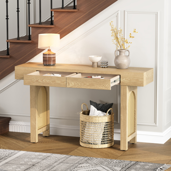 Narrow Console Table with Rattan Accent, Natural Wood Finish Entryway Table with Storage Drawers, Stylish Rustic Sofa Table for Living Room and Hallway (Natural)