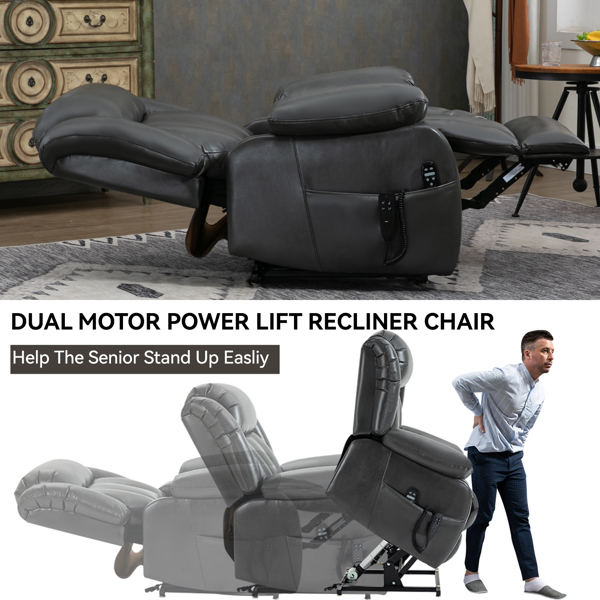 Dual Motor Infinite Position Up to 350 LBS Electric Medium size Leatheraire Grey Power Lift Recliner Chair with 8-Point Vibration Massage and Lumbar Heating