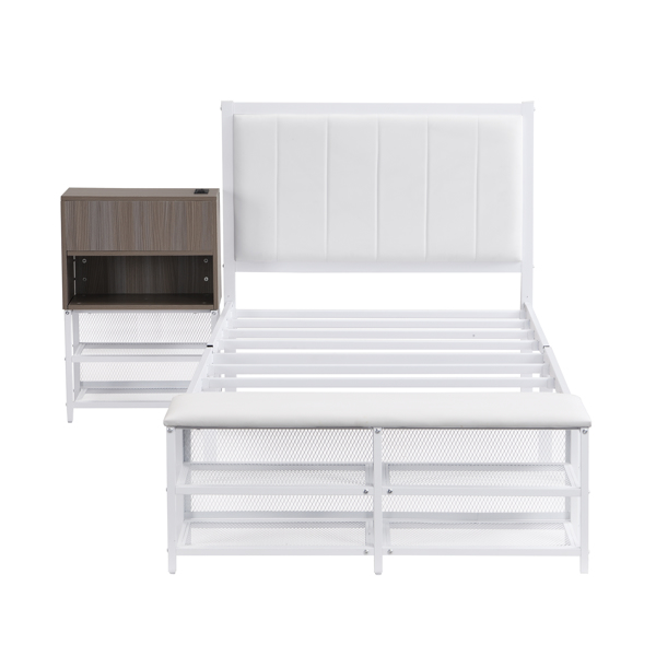 Twin size Metal Platform Bed with Two-Tier Storage Shelves, Wooden Storage Cabinet, White