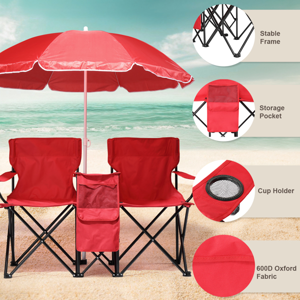 Portable Outdoor 2-Seat Folding Chair with Removable Sun Umbrella Red