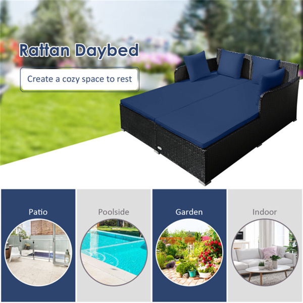 Navy Outdoor Rattan Daybed with Upholstered Cushions