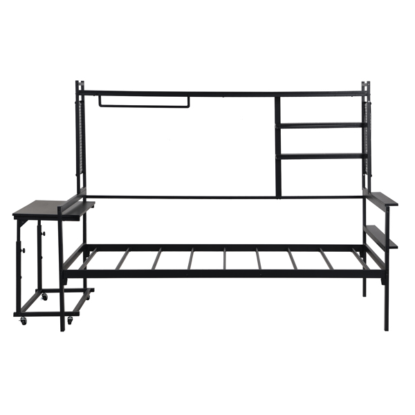 Twin size Metal Daybed with Movable Desk, Metal Grid, Shelves and Clothes Hanger, Black