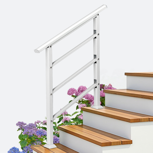 Handrails for Outdoor Steps, Wrought Iron Handrail Fits 1 or 3 Steps, Transitional Handrail with Installation Kit, White