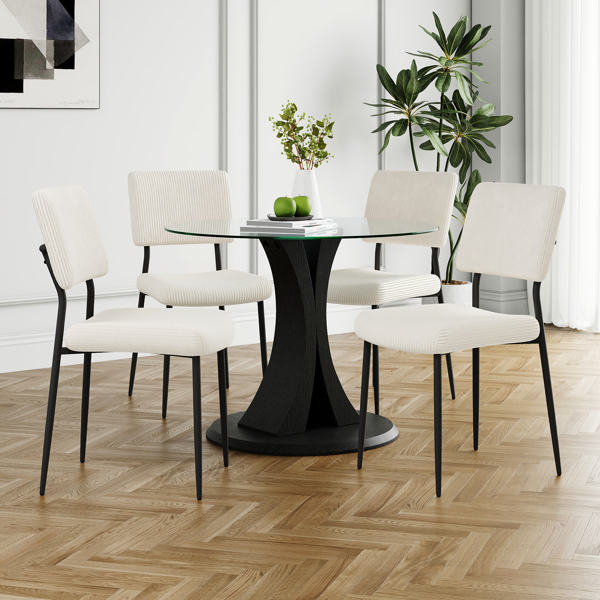 Modern simple table with a glass round table and four chairs. Transparent tempered glass countertop, black wood grain spray legs, suitable for kitchen living room dining room (set of 5)