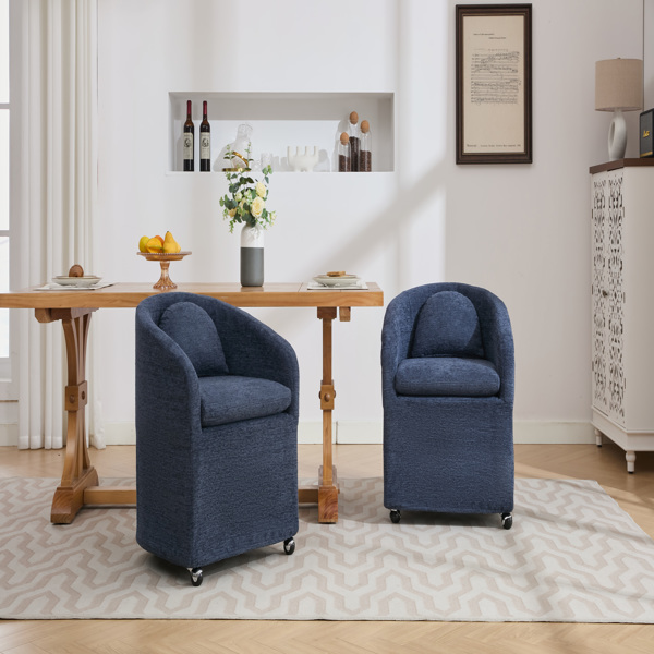 059-Set of 1 Chenille Fabric Dining Armchair With Back Cushion and Universal Wheels,Blue