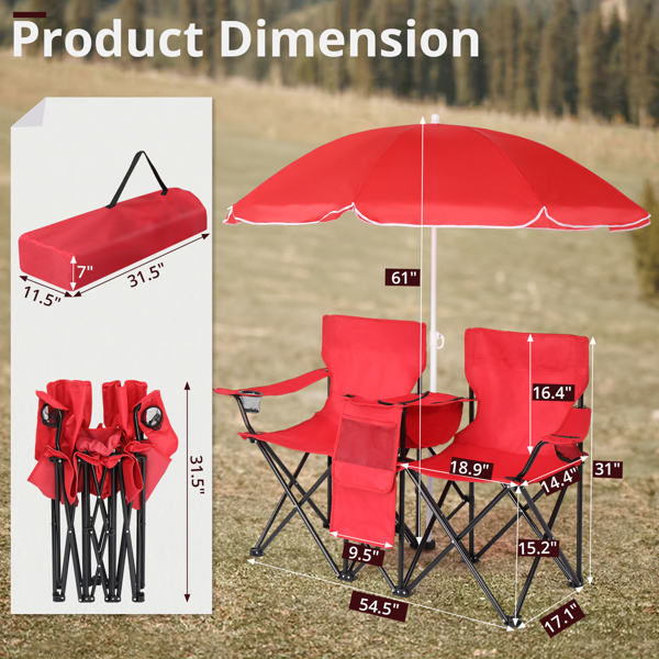 Portable Outdoor 2-Seat Folding Chair with Removable Sun Umbrella Red