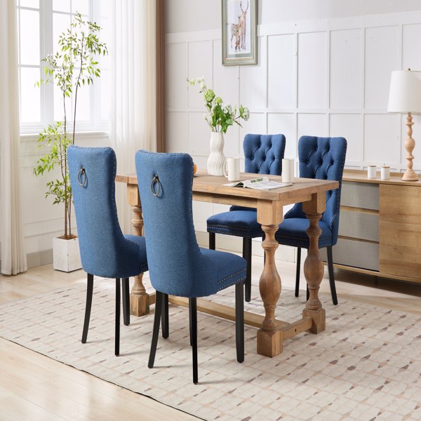 Modern, High-end Tufted Solid Wood Contemporary Flax Upholstered Linen Dining Chair with Wood Legs Nailhead Trim 2-Pcs Set,Blue Linen, SW6801BL