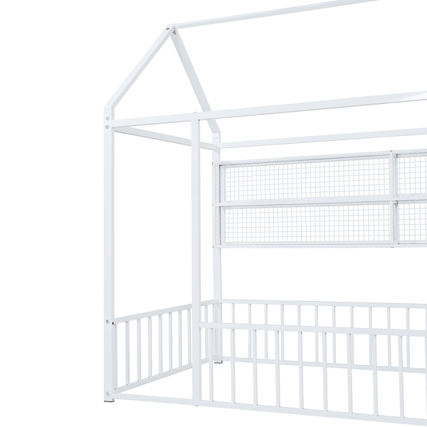 Twin Size Metal Bed House Bed Frame with Fence and Shelves, White