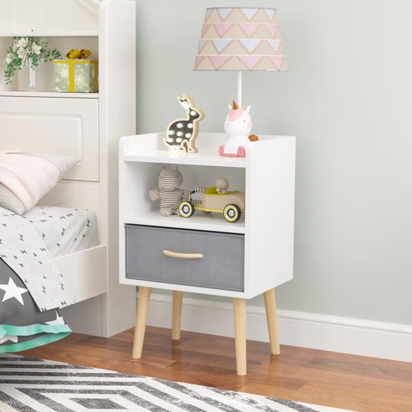 Nightstand With Collapsible Fabric Drawer, 2-Tier Storage End Table, Wood Side Table with Storage Cabinet for Kids, Adults - White