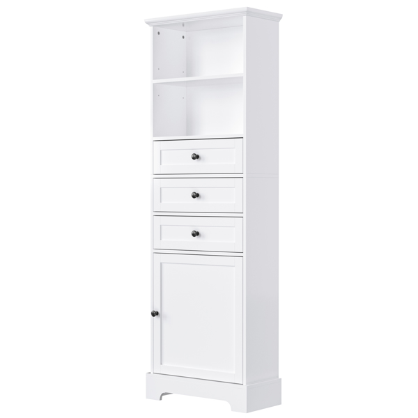 White Tall Storage Cabinet with 3 Drawers and Adjustable Shelves for Bathroom, Study, Office and Interior, MDF Board with Painted Finish